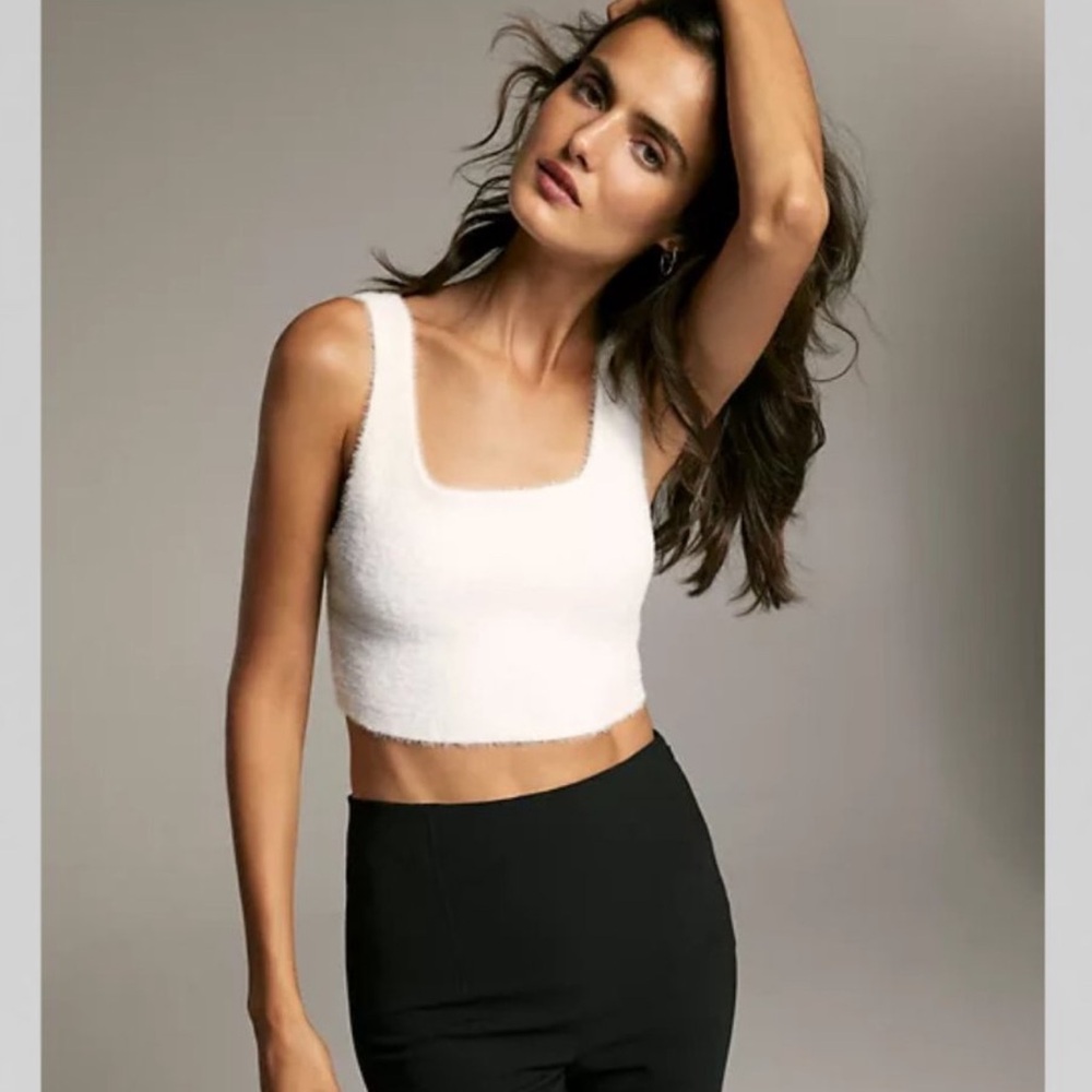 Aritzia Babton Sculpt Knit Square Neck Fuzzy Crop Top Birch White